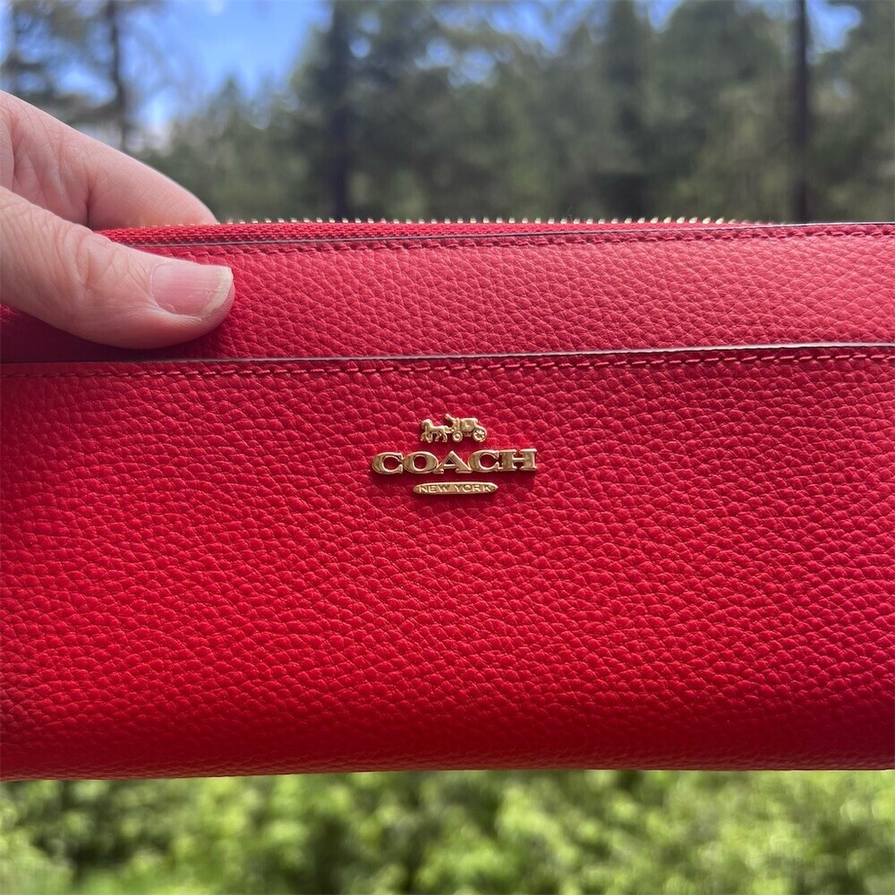 COACH Long Zip-Around RED Pebble Leather Wallet Gold Hardware with Wrist-Strap - Picture 13 of 16